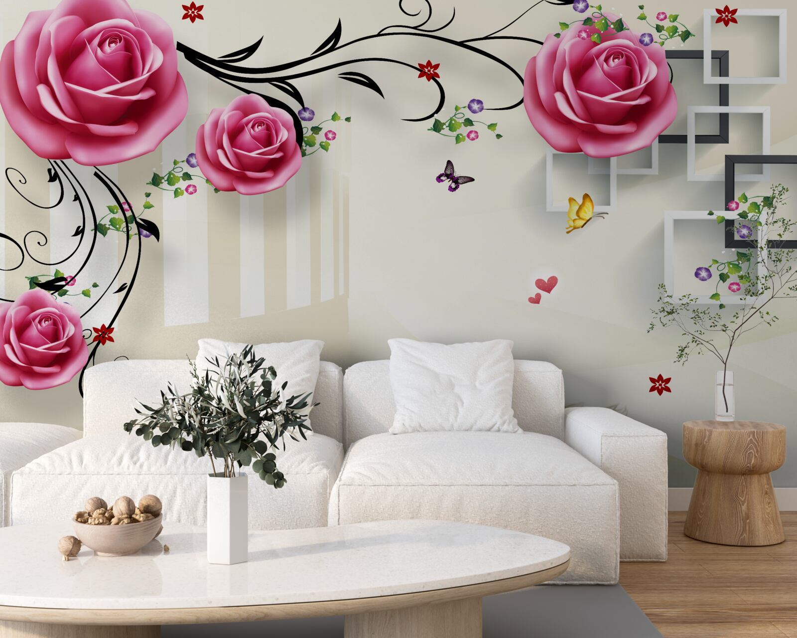 Fototapeta srebrne gałęzie z różowymi różami