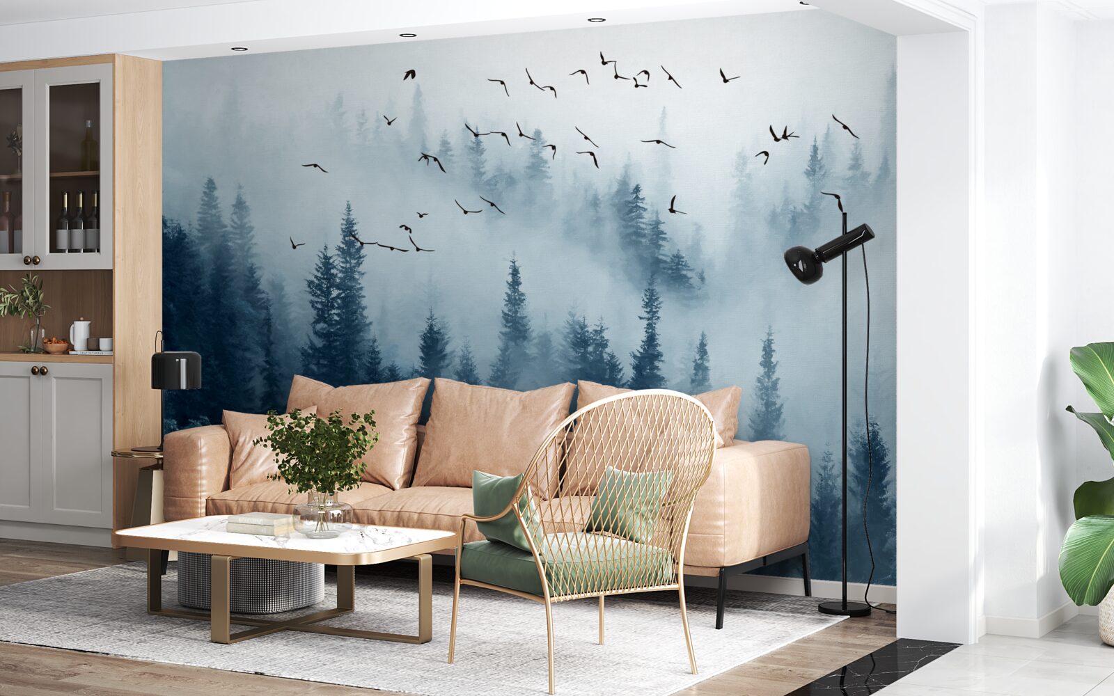 Fototapeta stado ptaków przelatuje nad lasem spowitym mgłą