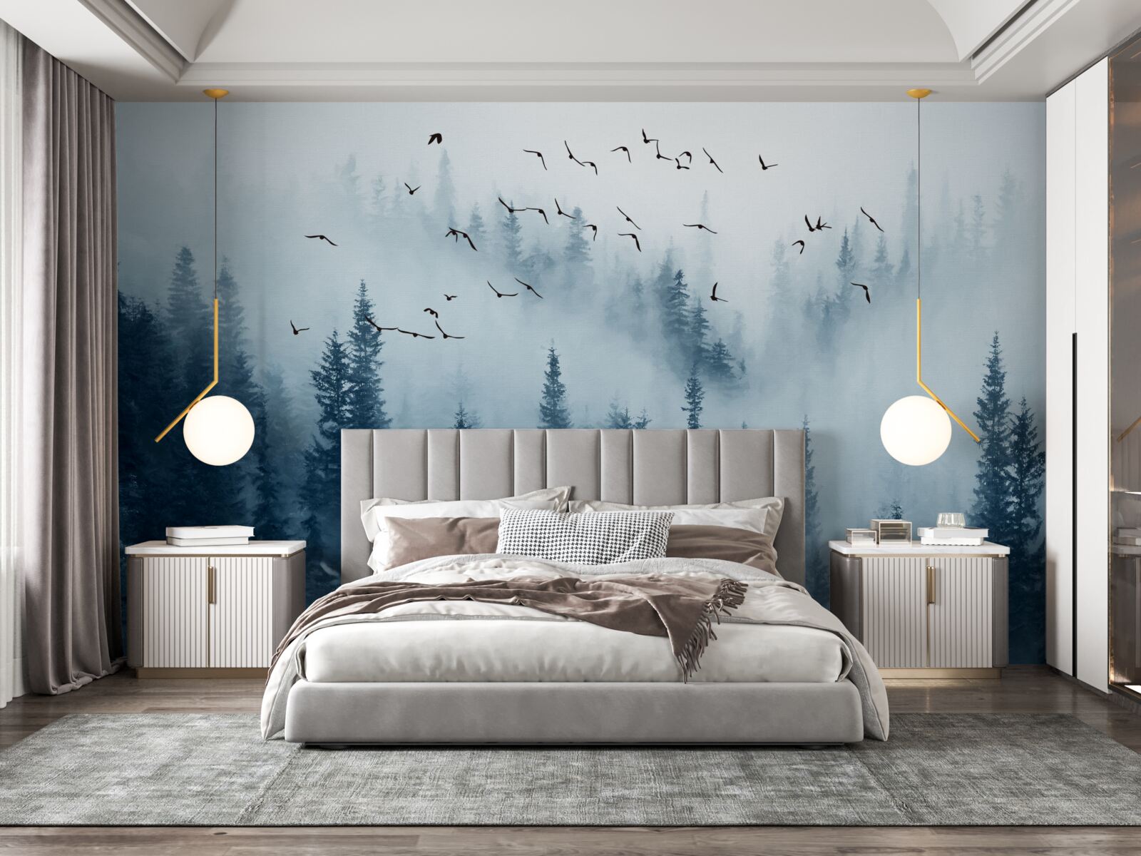 Fototapeta stado ptaków przelatuje nad lasem spowitym mgłą