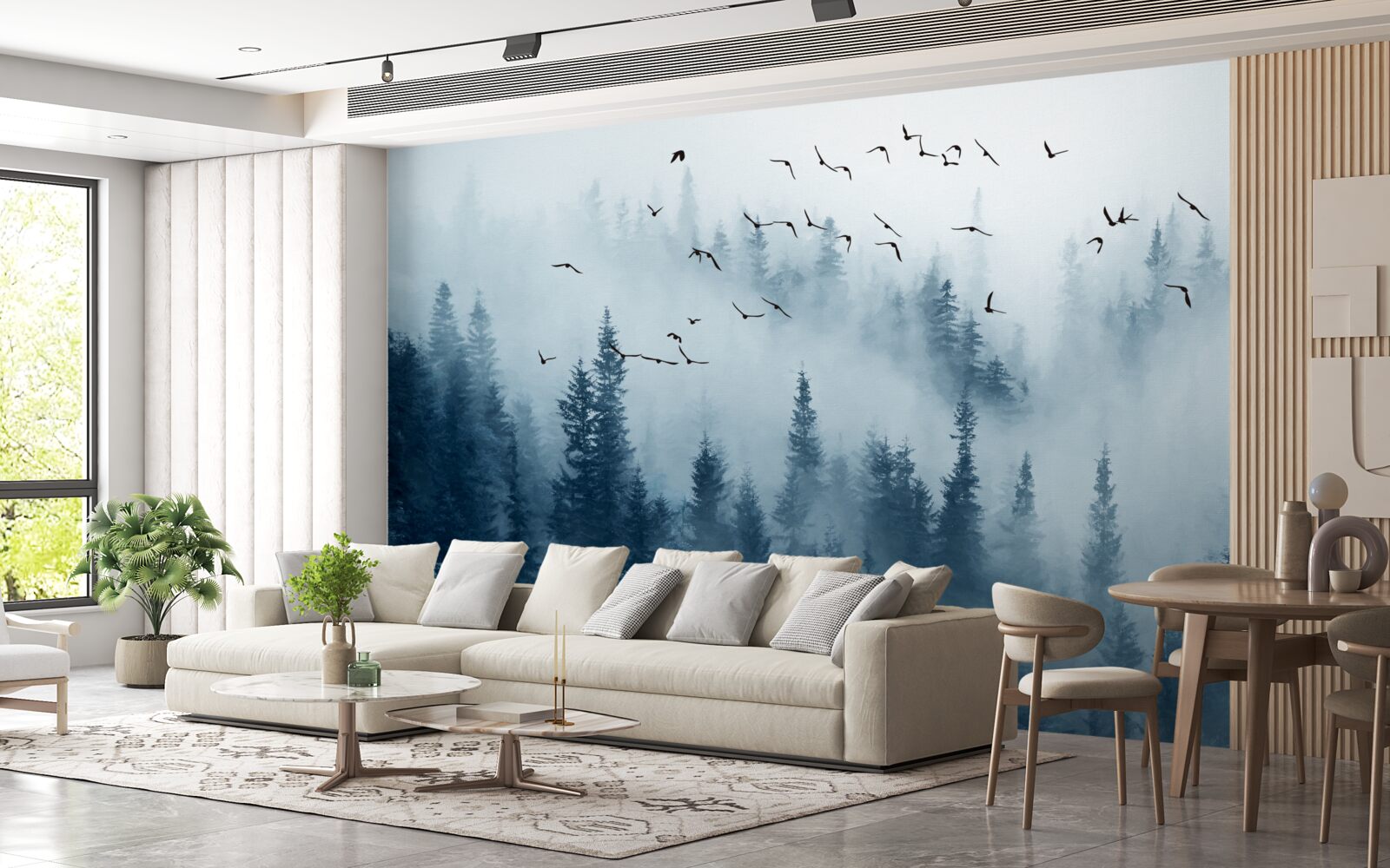 Fototapeta stado ptaków przelatuje nad lasem spowitym mgłą