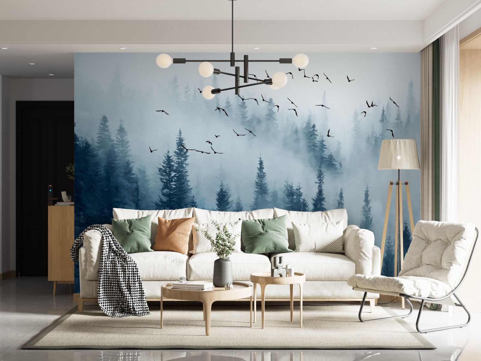 Fototapeta stado ptaków przelatuje nad lasem spowitym mgłą