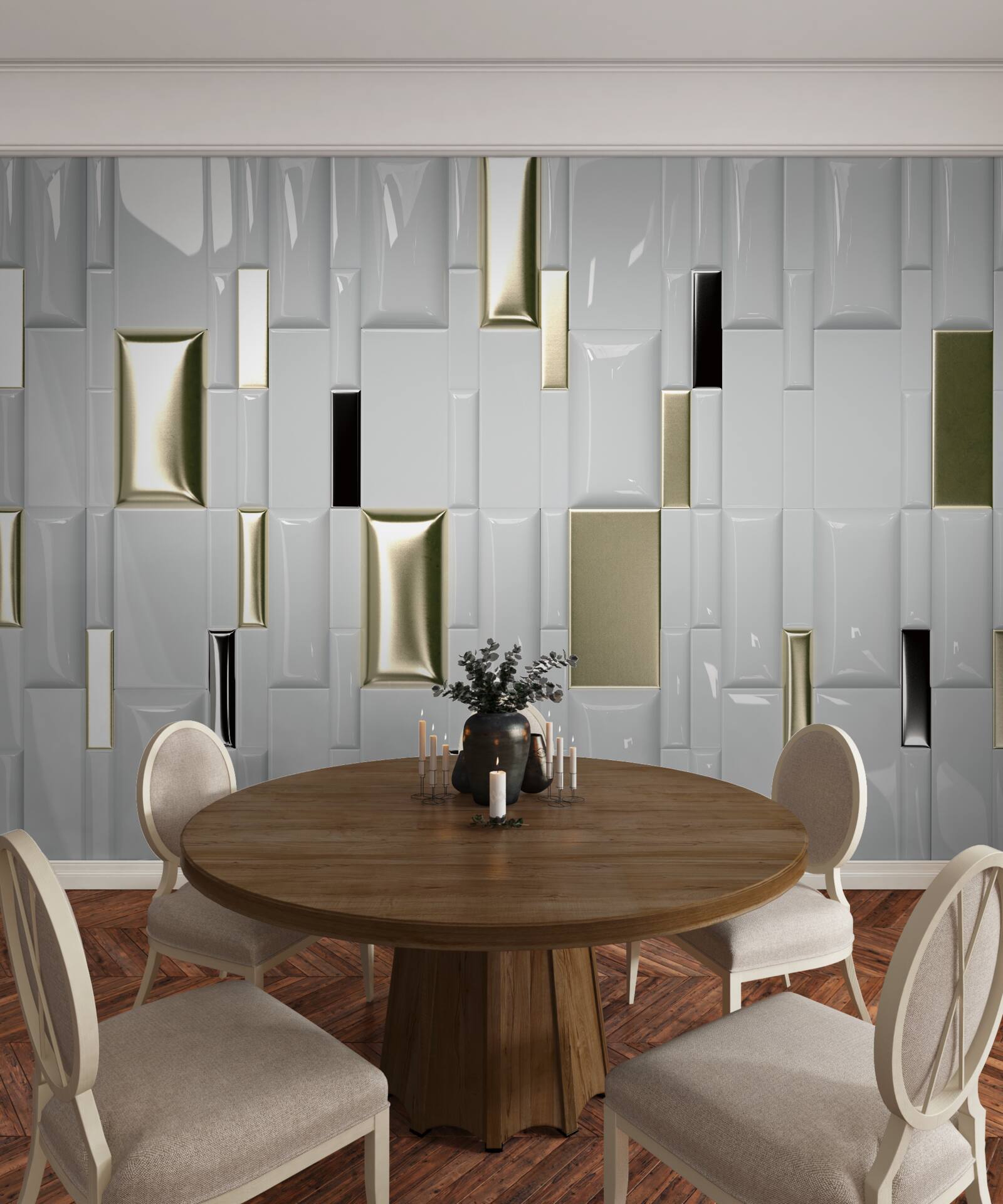 Fototapeta płytki o błyszczącej powierzchni i złotych elementach