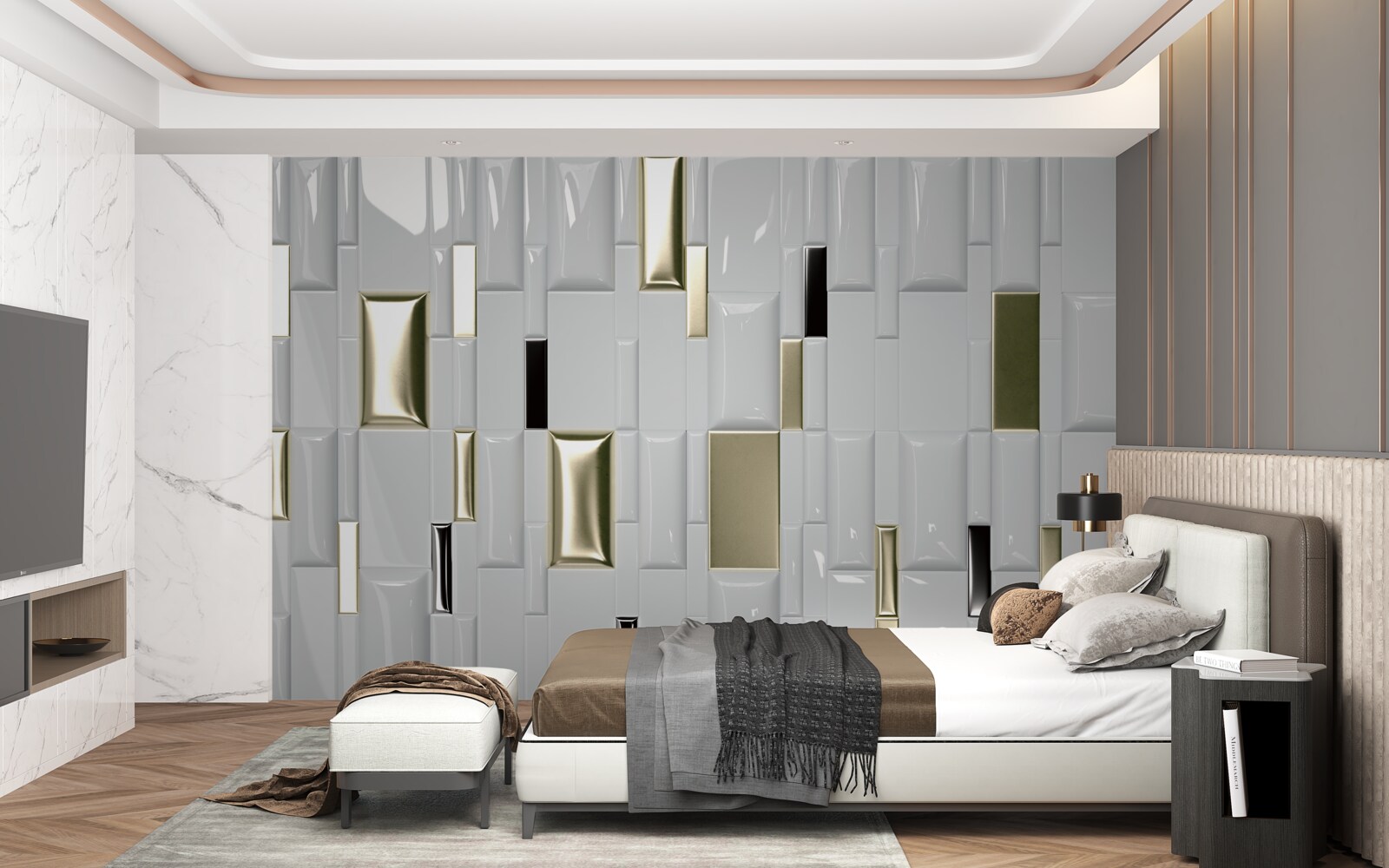 Fototapeta płytki o błyszczącej powierzchni i złotych elementach