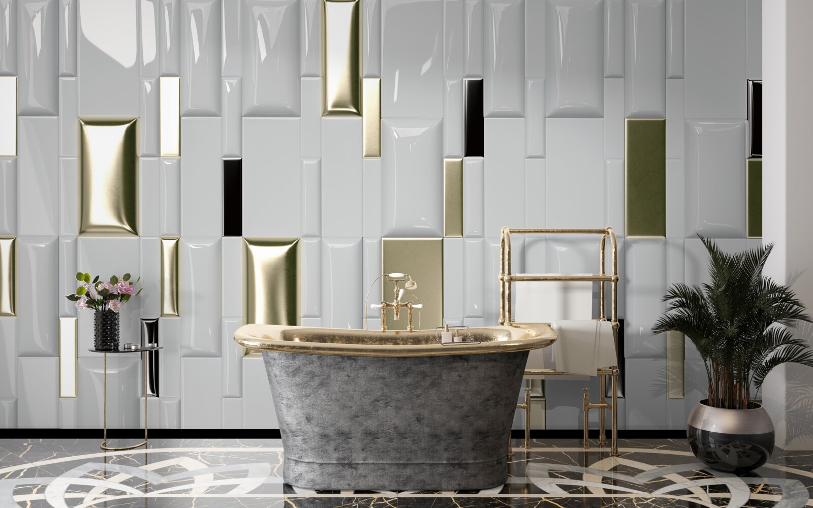 Fototapeta płytki o błyszczącej powierzchni i złotych elementach