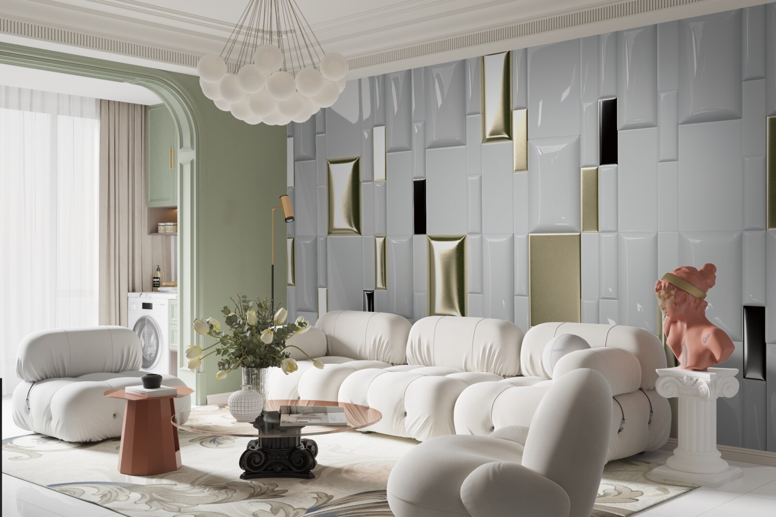 Fototapeta płytki o błyszczącej powierzchni i złotych elementach