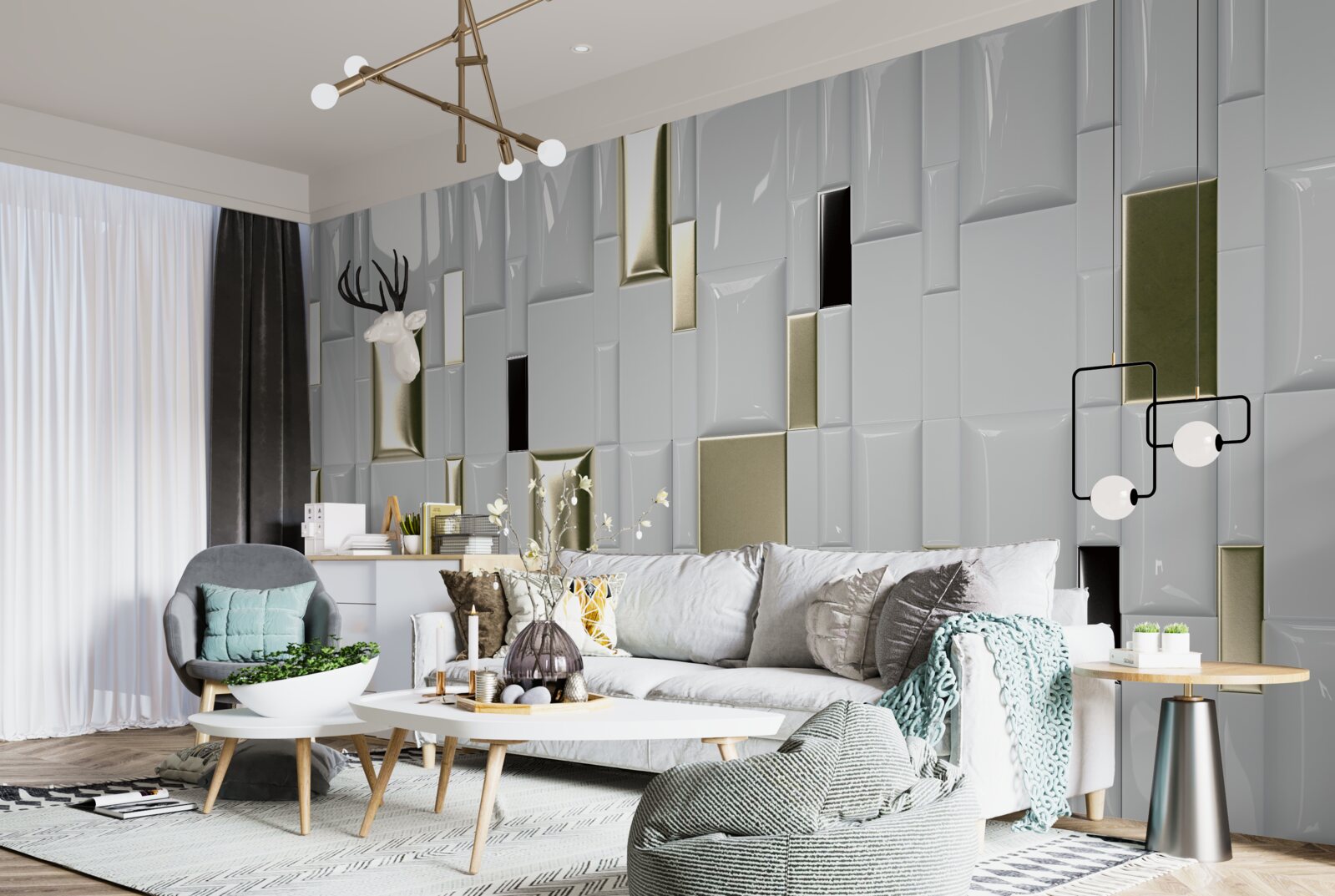 Fototapeta płytki o błyszczącej powierzchni i złotych elementach