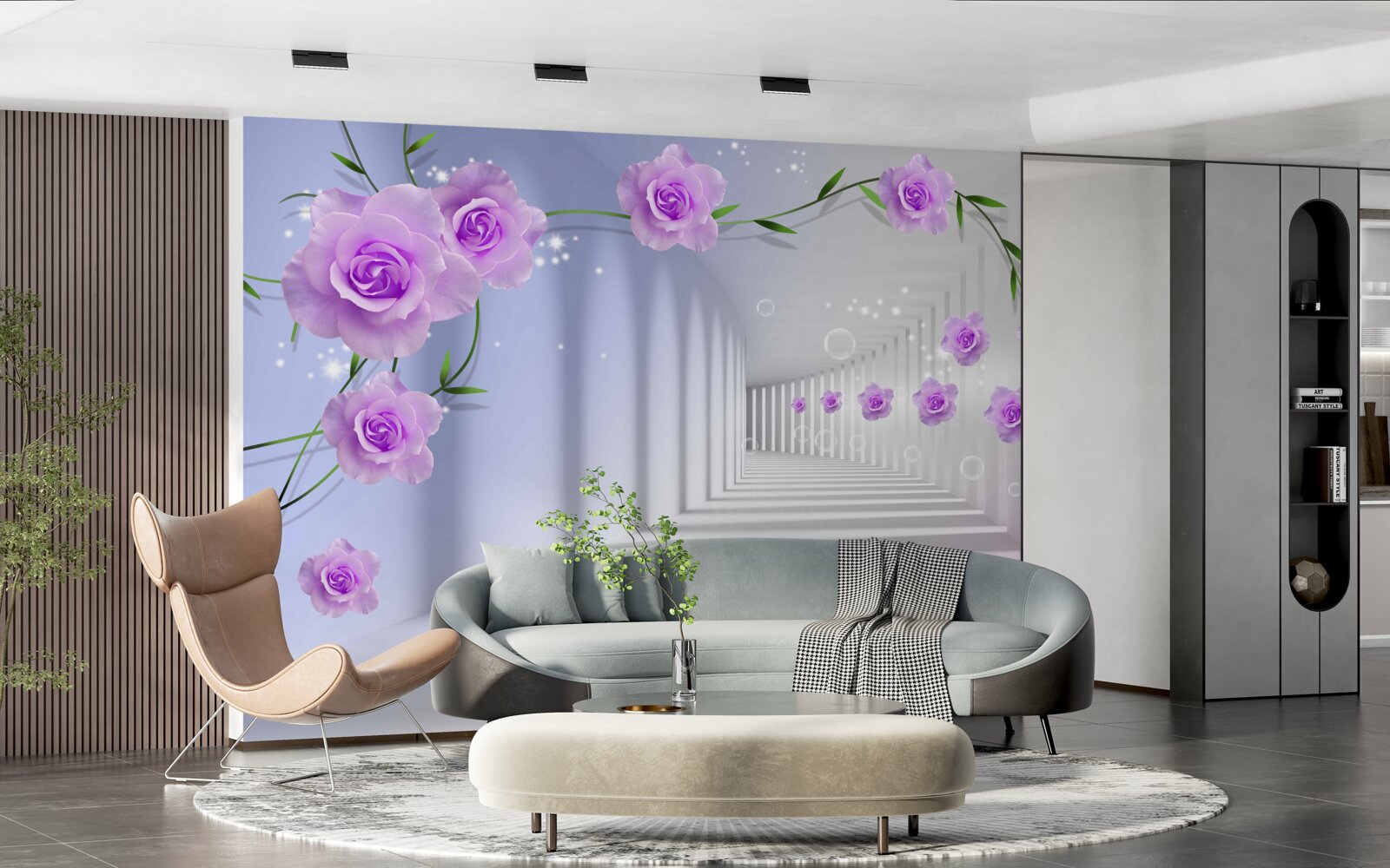 Fototapeta korytarz jest długi, a róże są liliowe