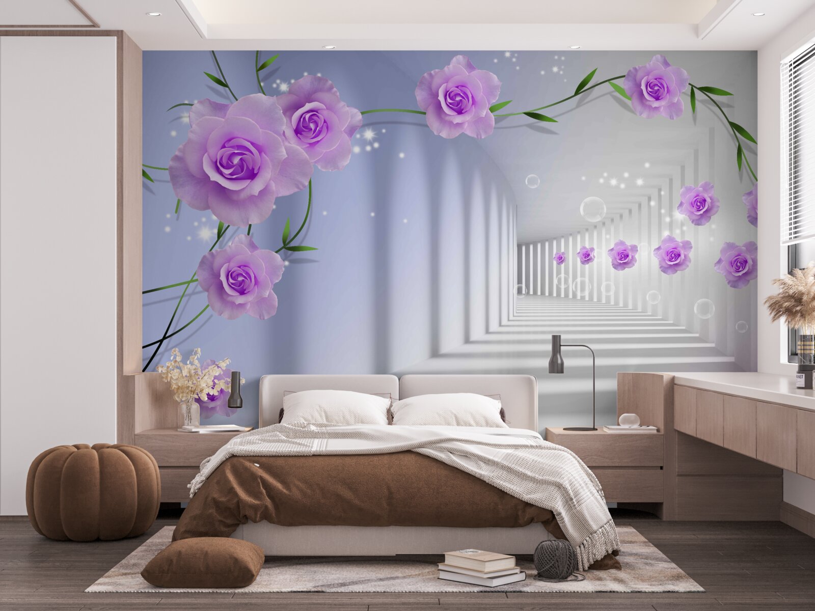 Fototapeta korytarz jest długi, a róże są liliowe