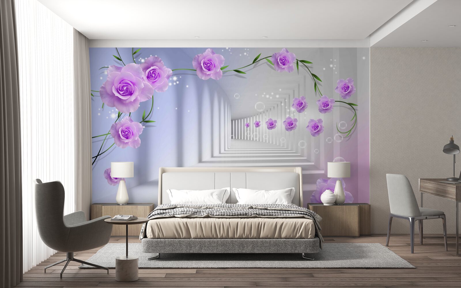 Fototapeta korytarz jest długi, a róże są liliowe