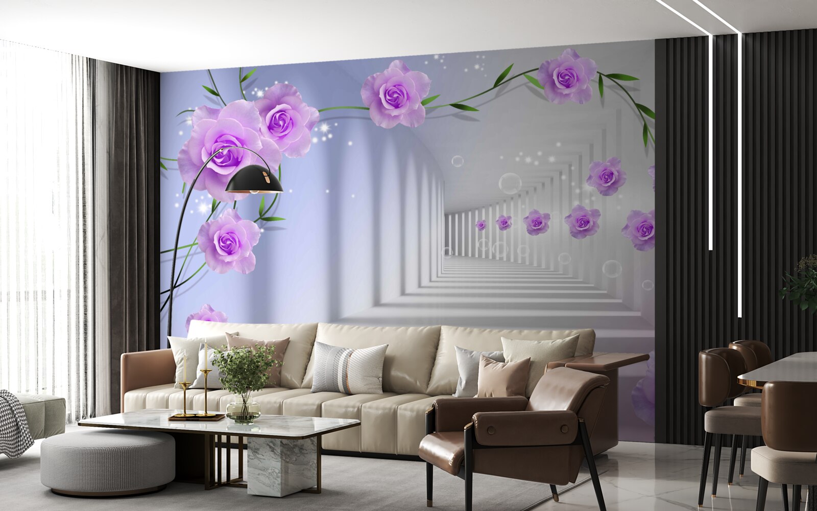 Fototapeta korytarz jest długi, a róże są liliowe