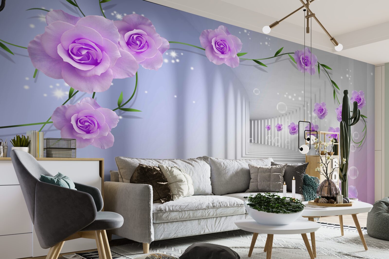 Fototapeta korytarz jest długi, a róże są liliowe