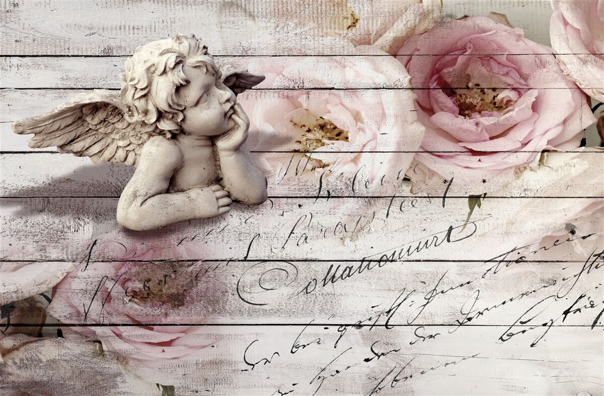 Fototapeta zamyślony mały aniołek na parkietowej podłodze