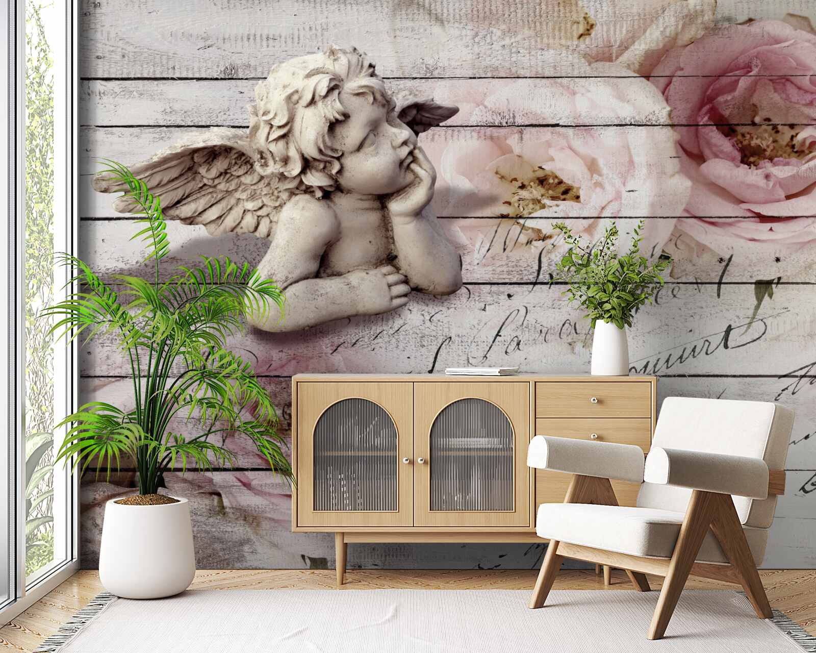 Fototapeta zamyślony mały aniołek na parkietowej podłodze