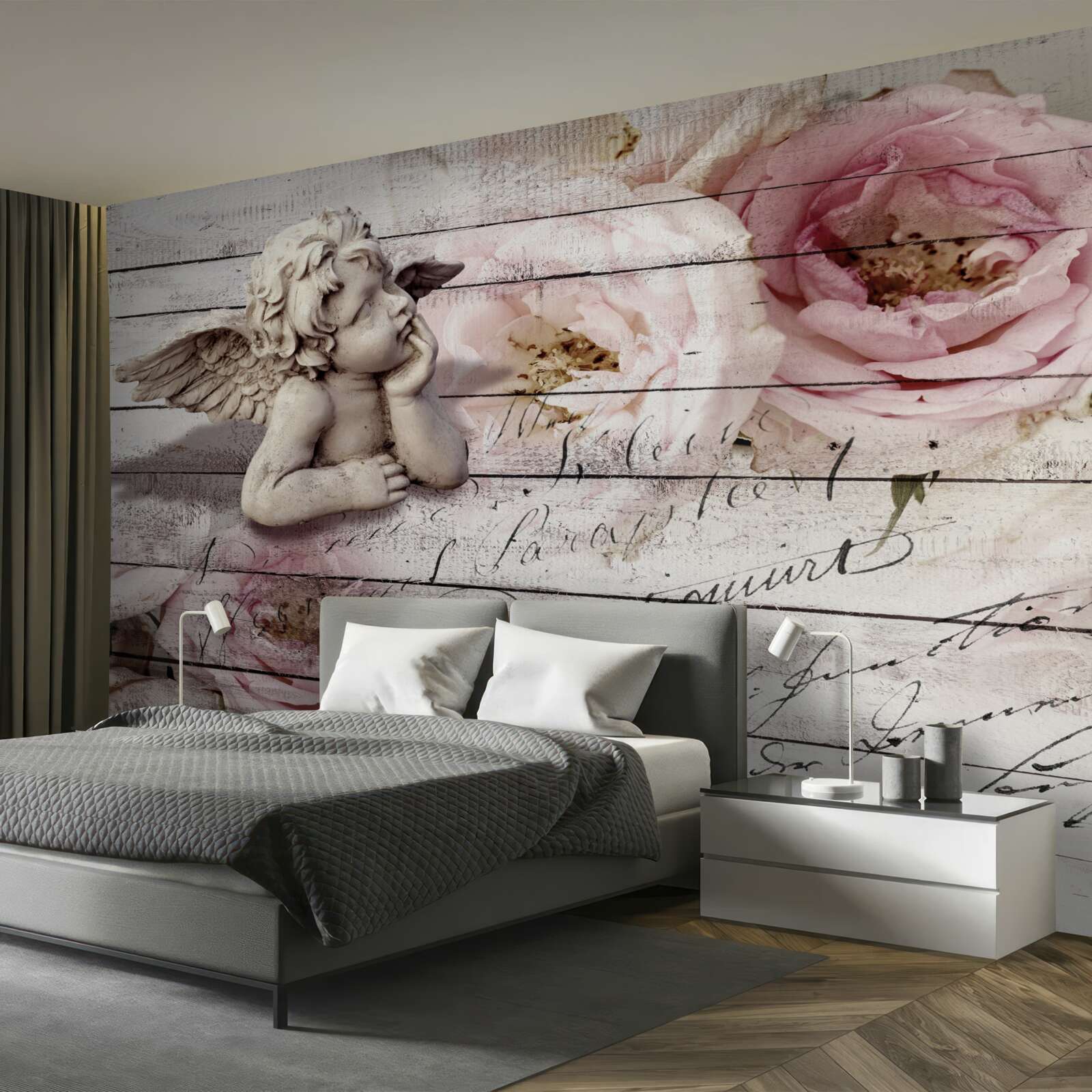 Fototapeta zamyślony mały aniołek na parkietowej podłodze