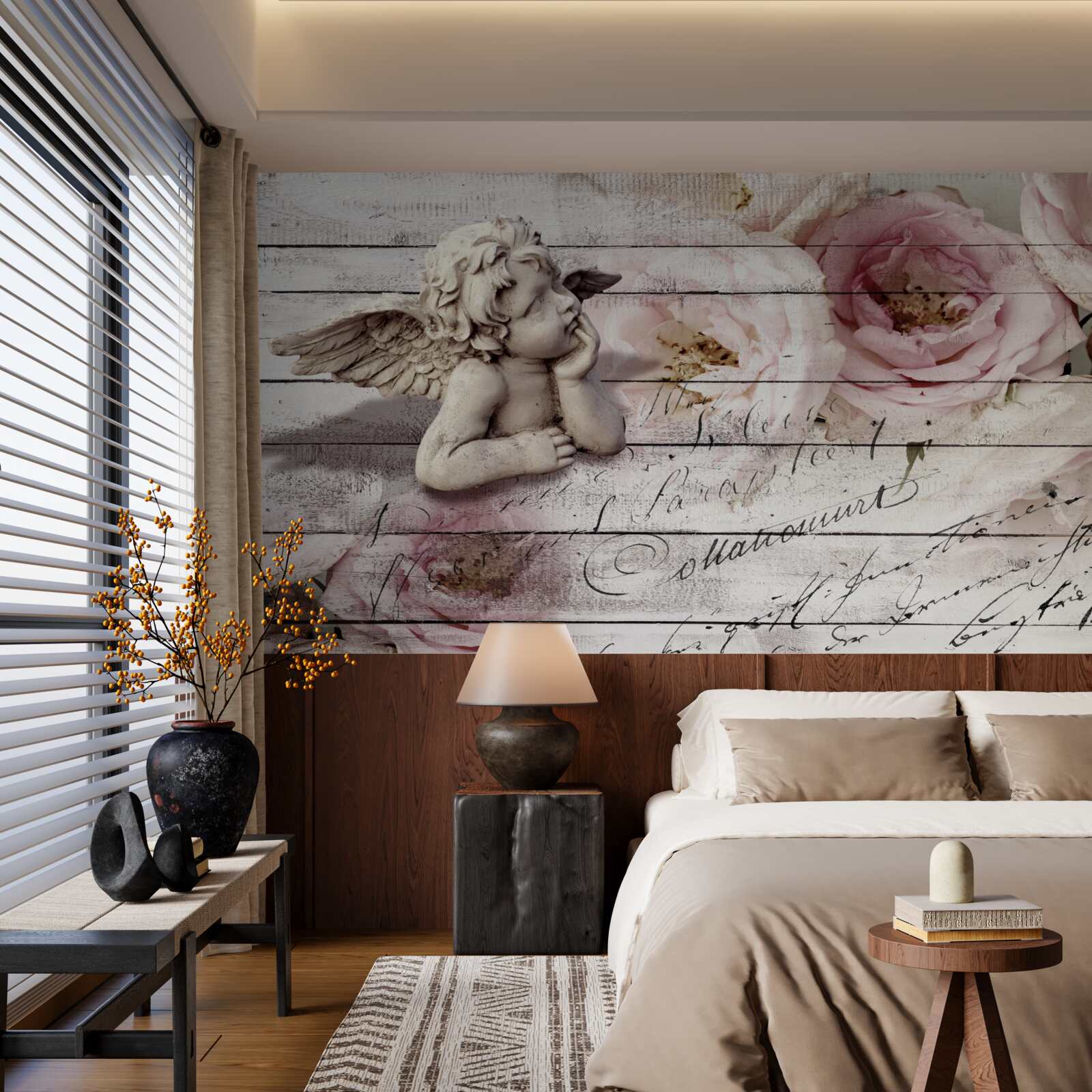 Fototapeta zamyślony mały aniołek na parkietowej podłodze