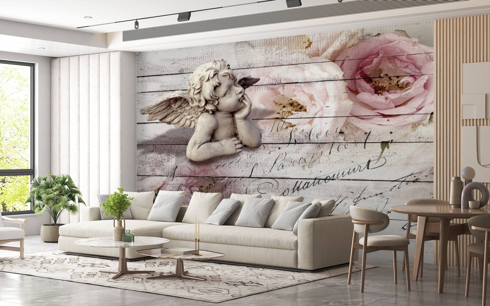 Fototapeta zamyślony mały aniołek na parkietowej podłodze