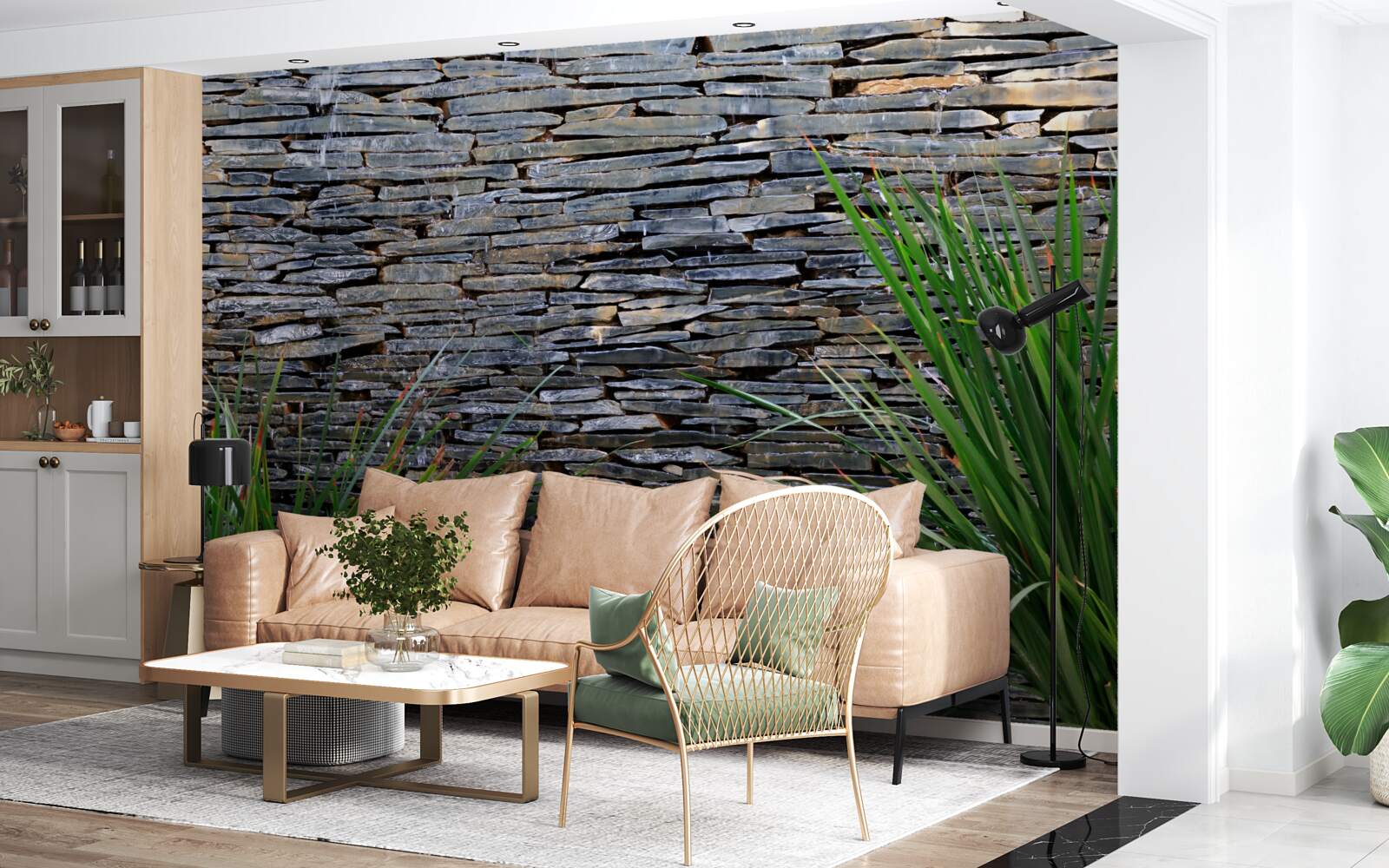 Fototapeta zielona roślinność i kamienna ściana