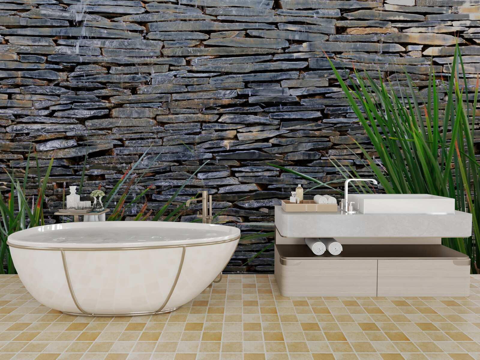 Fototapeta zielona roślinność i kamienna ściana