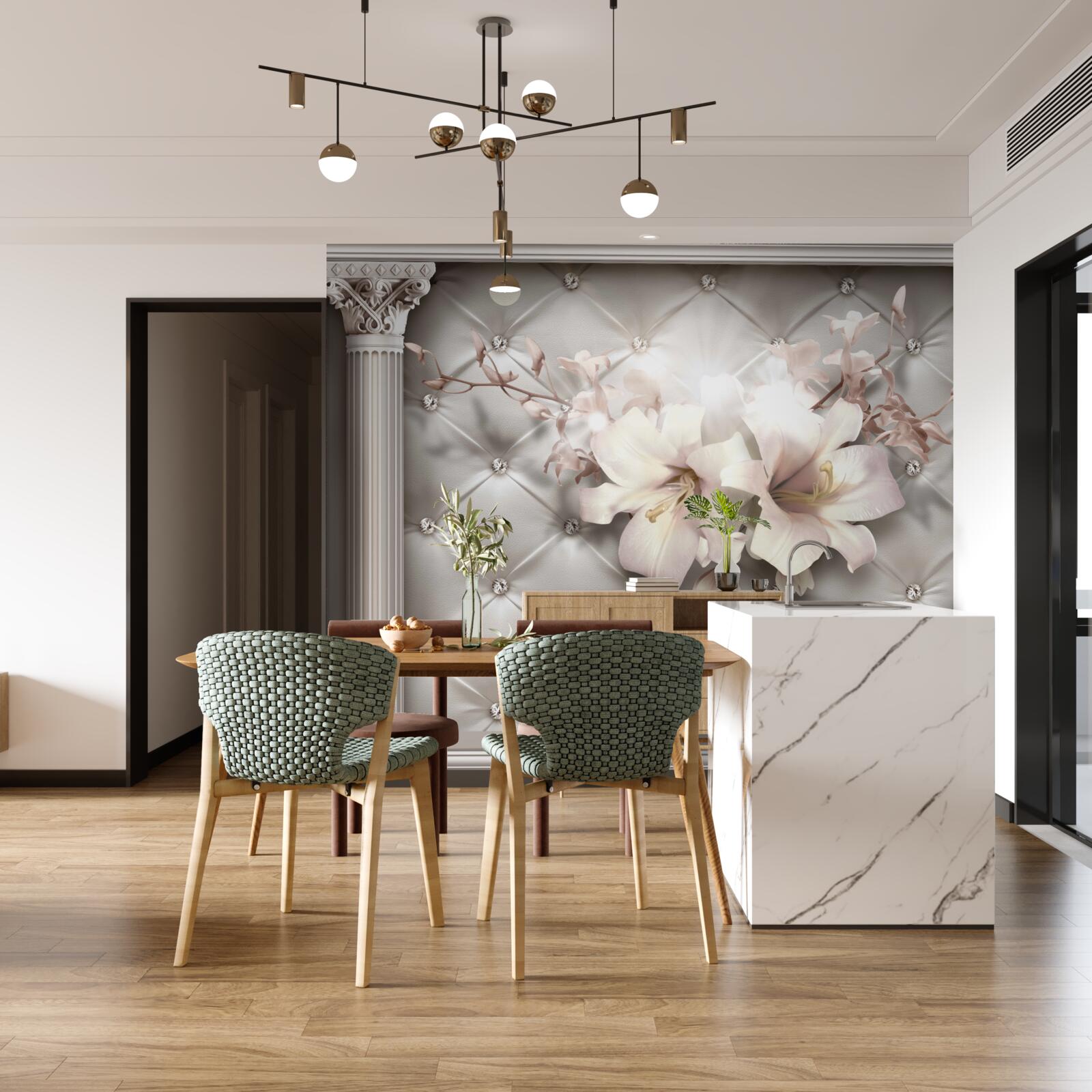 Fototapeta duże śnieżnobiałe lilie zdobiące ścianę