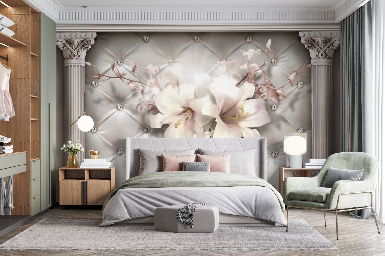 Fototapeta duże śnieżnobiałe lilie zdobiące ścianę