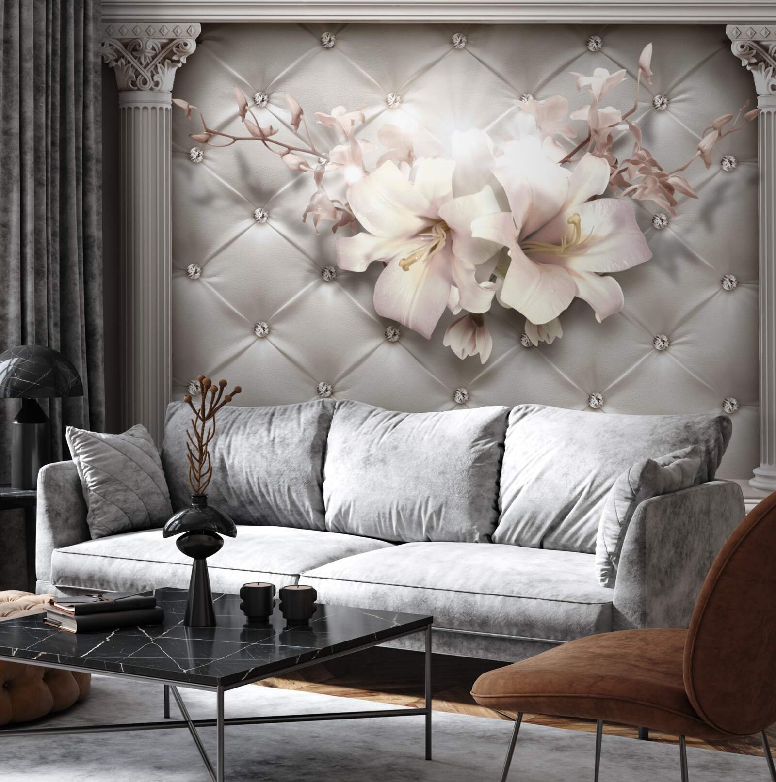 Fototapeta duże śnieżnobiałe lilie zdobiące ścianę