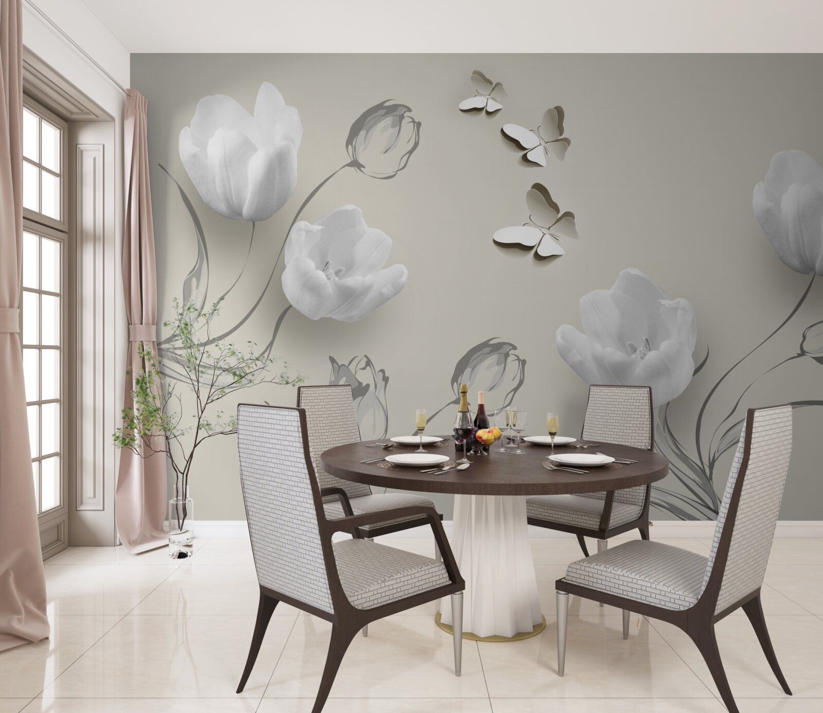 Fototapeta w pobliżu znajdują się czyste srebrne tulipany i motyle