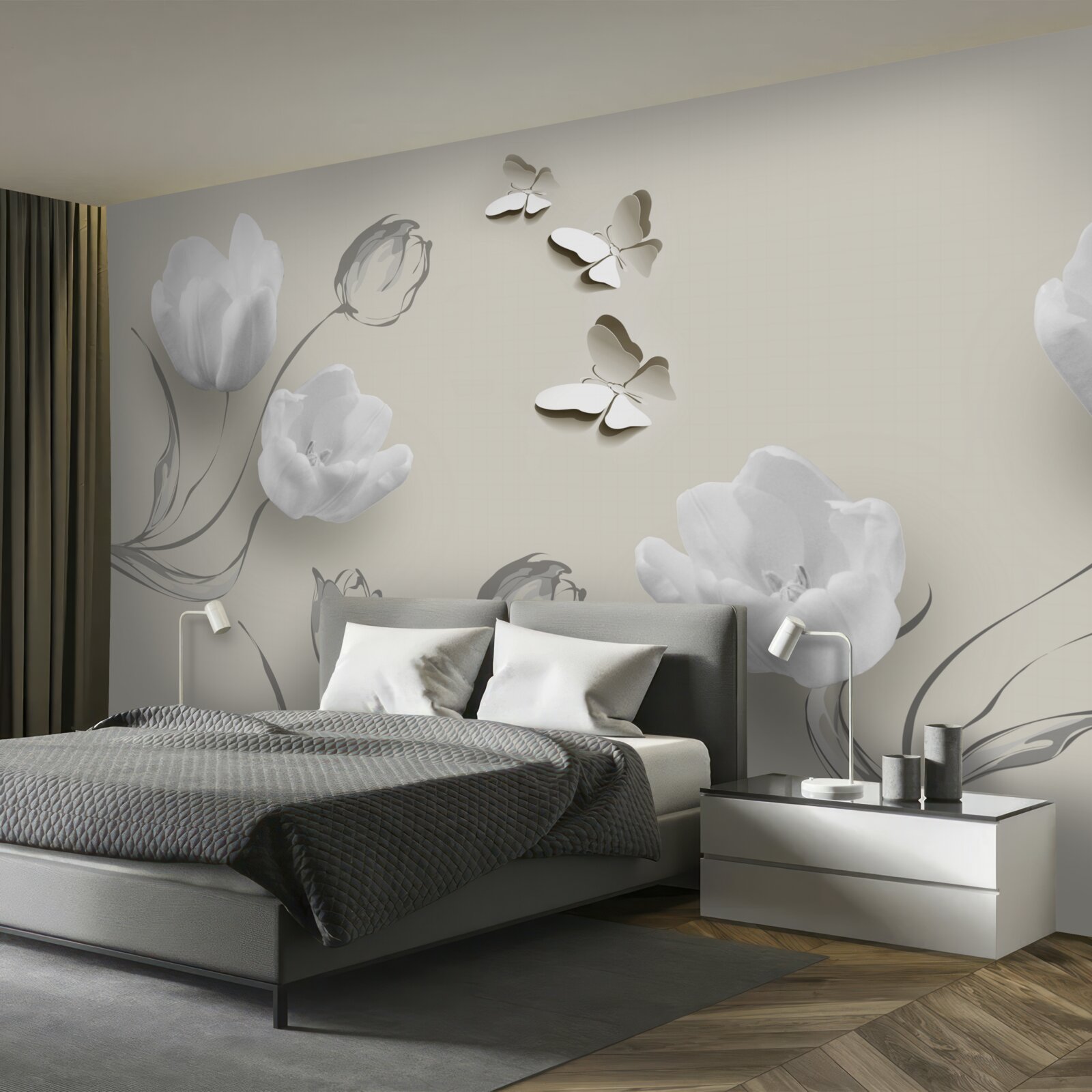 Fototapeta w pobliżu znajdują się czyste srebrne tulipany i motyle