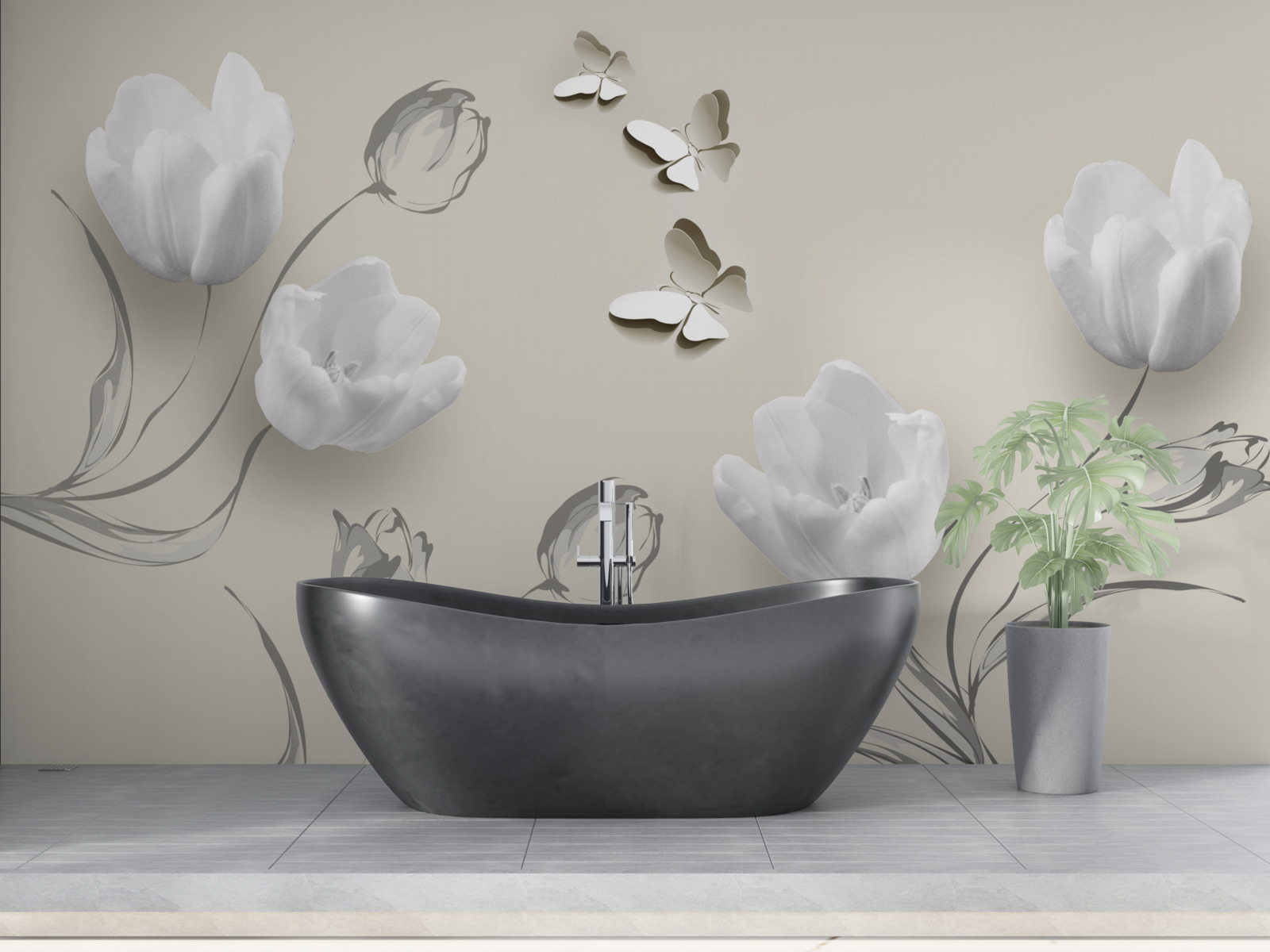 Fototapeta w pobliżu znajdują się czyste srebrne tulipany i motyle