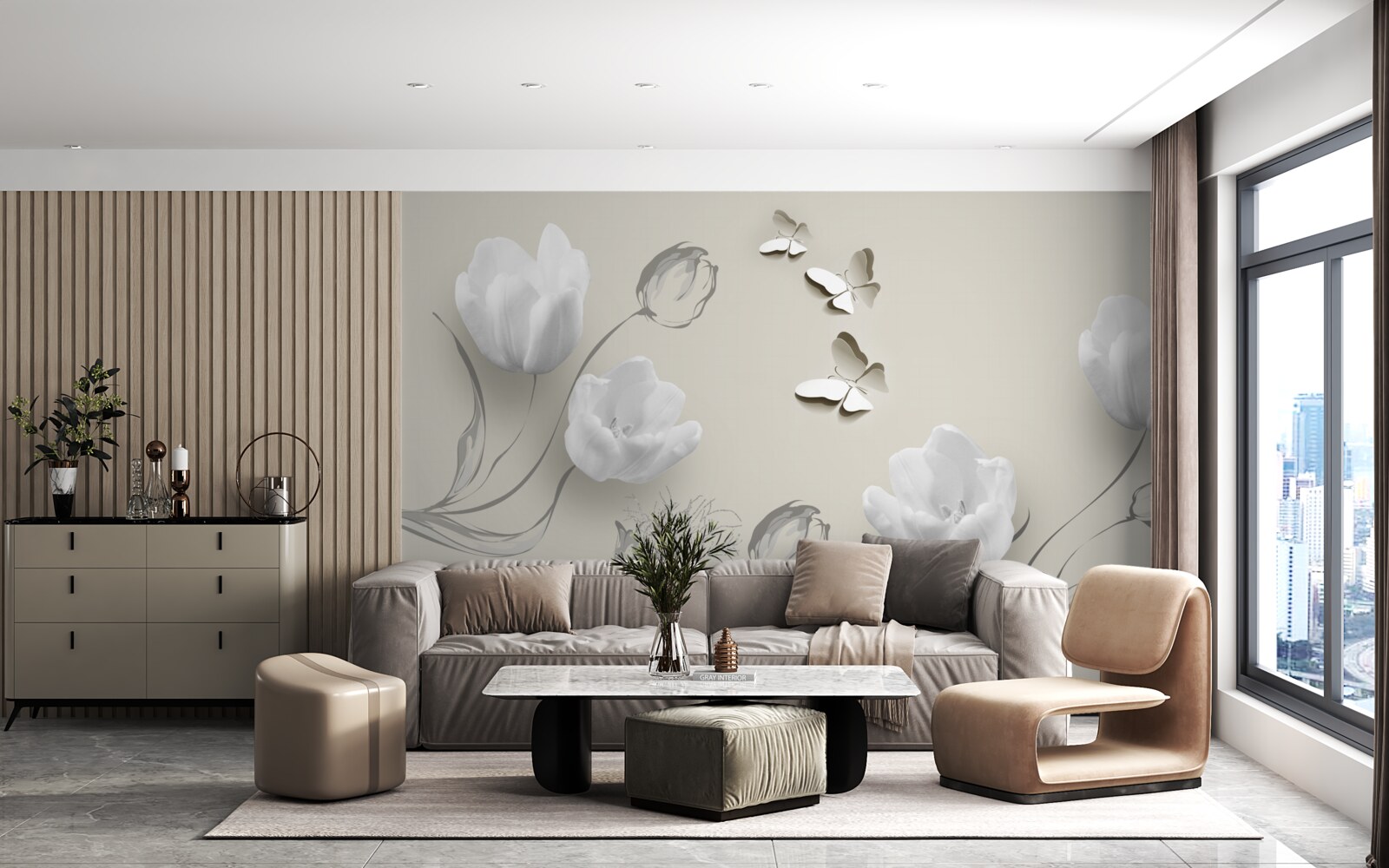 Fototapeta w pobliżu znajdują się czyste srebrne tulipany i motyle