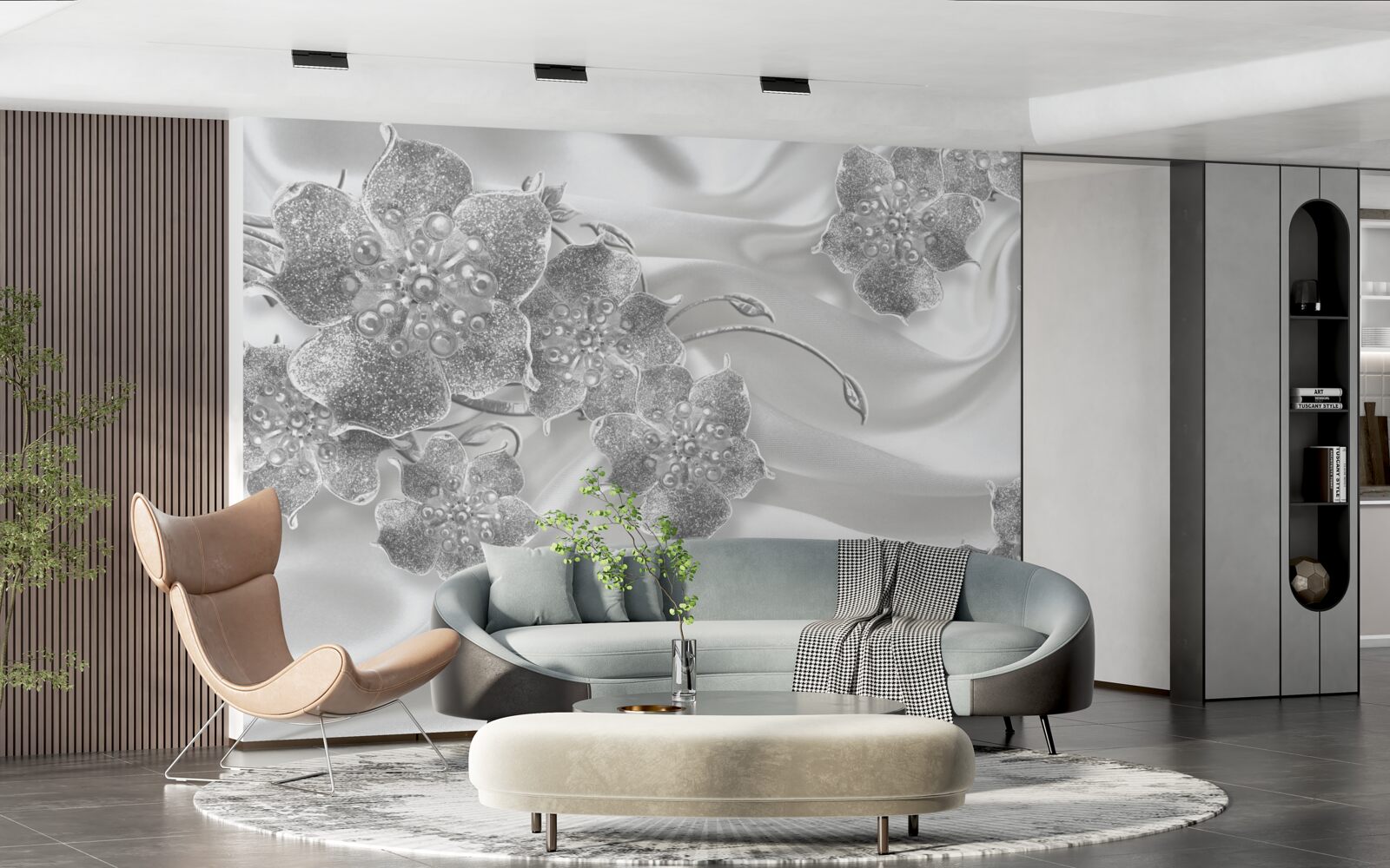 Fototapeta materiał satynowy w kolorze białym w szare kwiaty