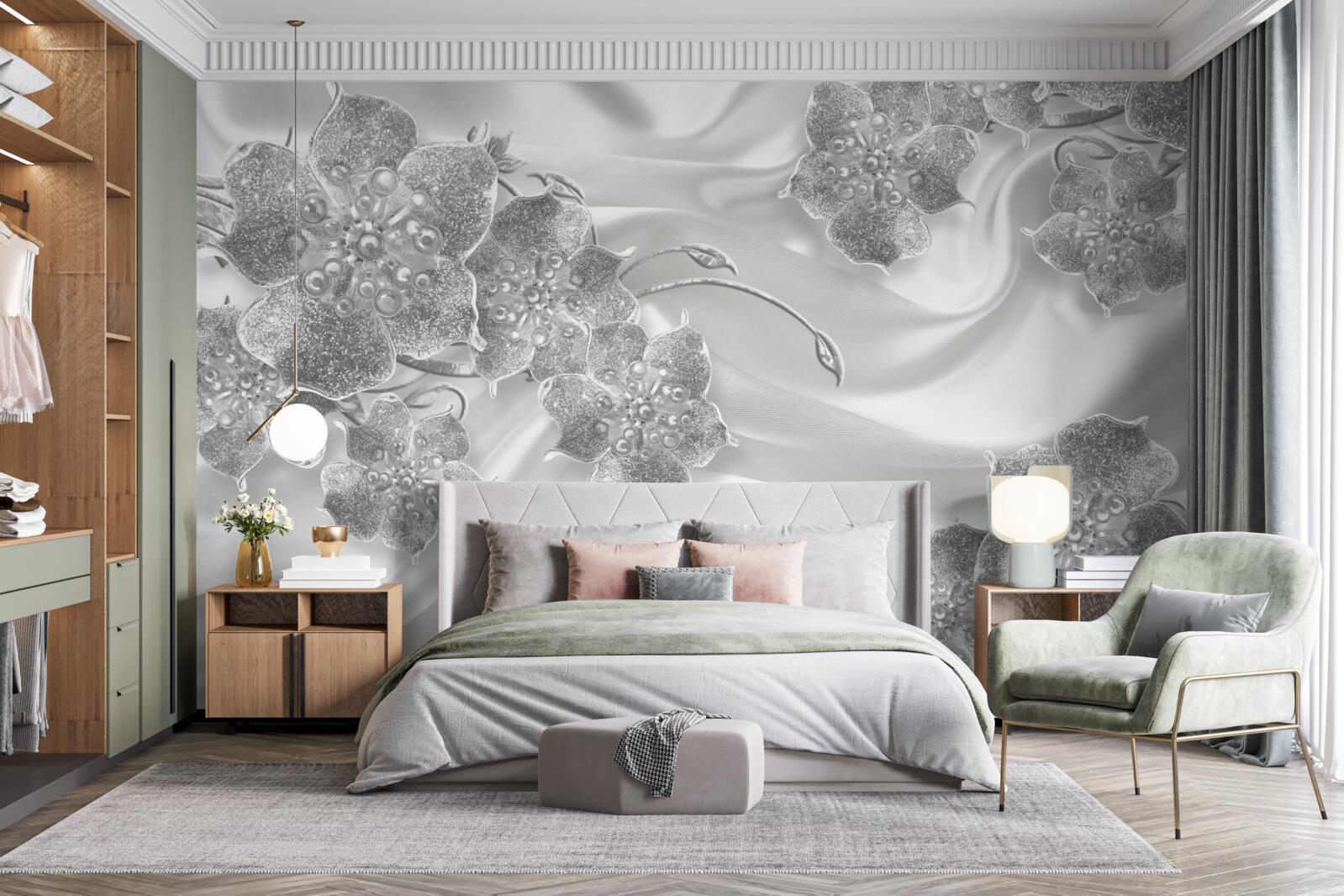 Fototapeta materiał satynowy w kolorze białym w szare kwiaty