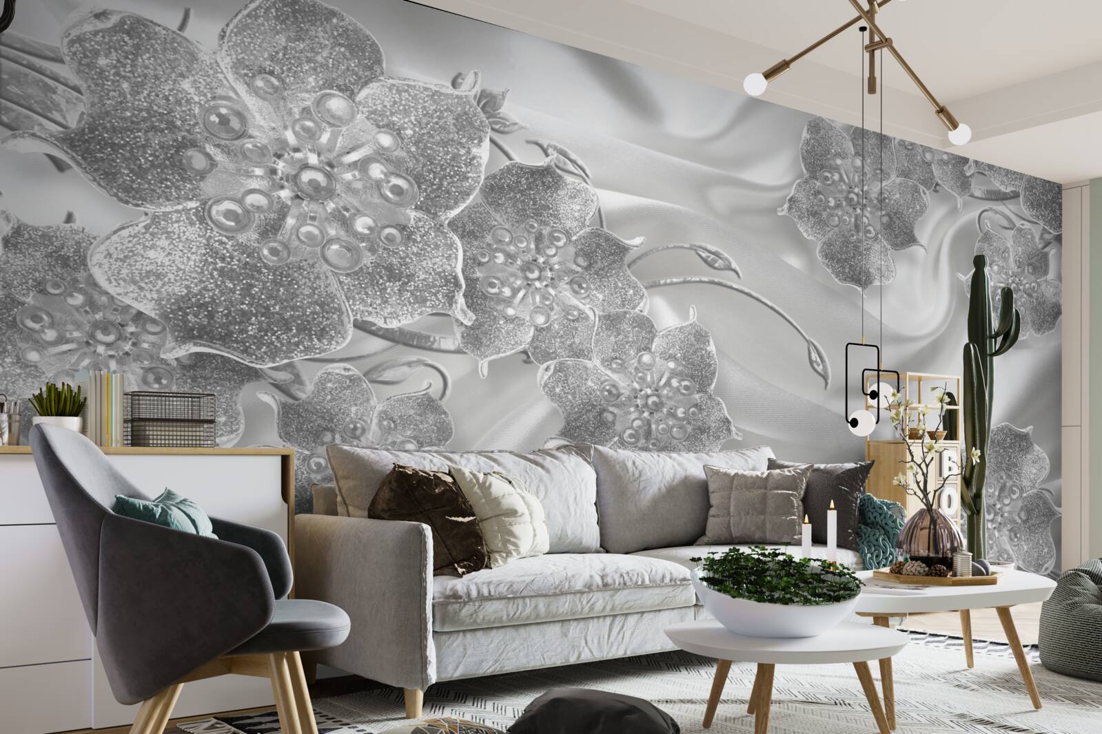 Fototapeta materiał satynowy w kolorze białym w szare kwiaty