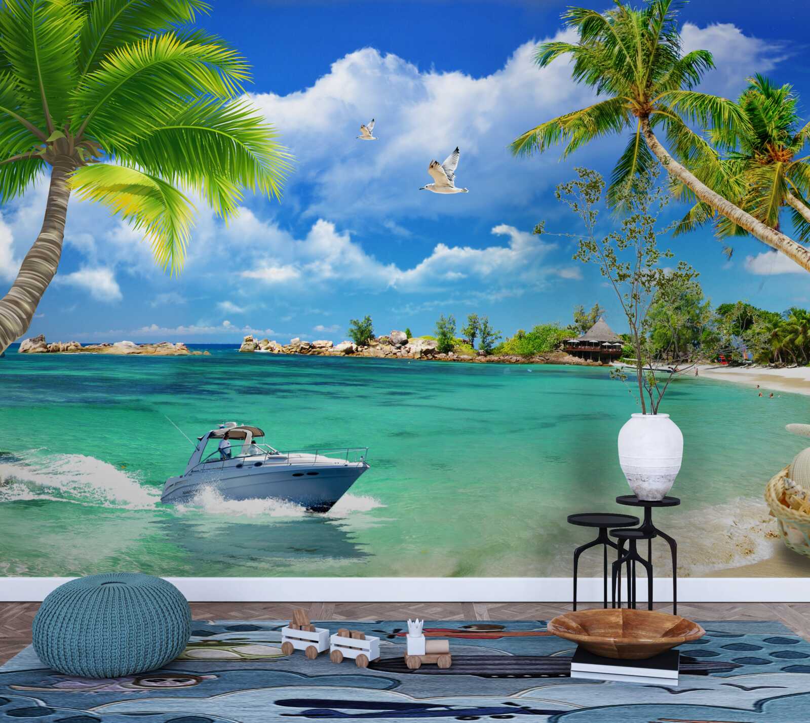 Fototapeta plaża na wyspie przyjmuje zbliżający się jacht