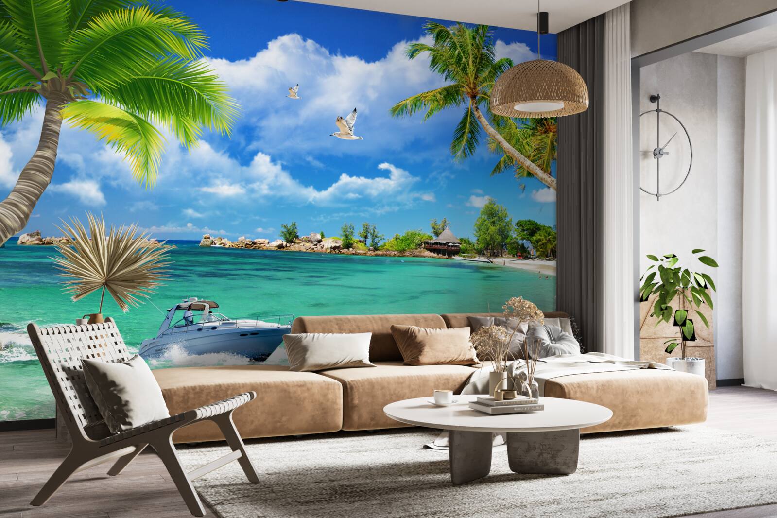 Fototapeta plaża na wyspie przyjmuje zbliżający się jacht