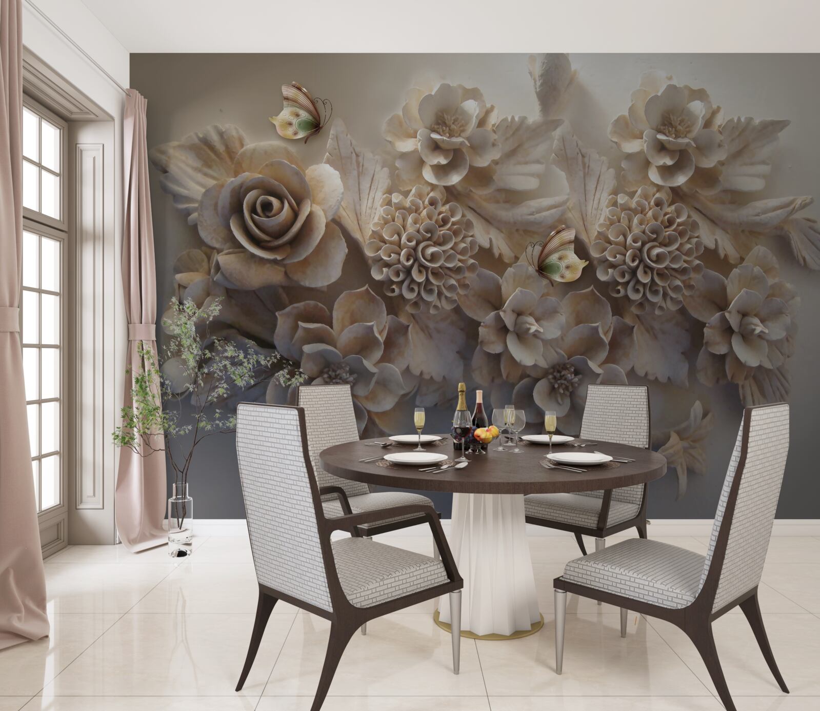 Fototapeta zestaw z dużych kwiatów w kremowej tonacji