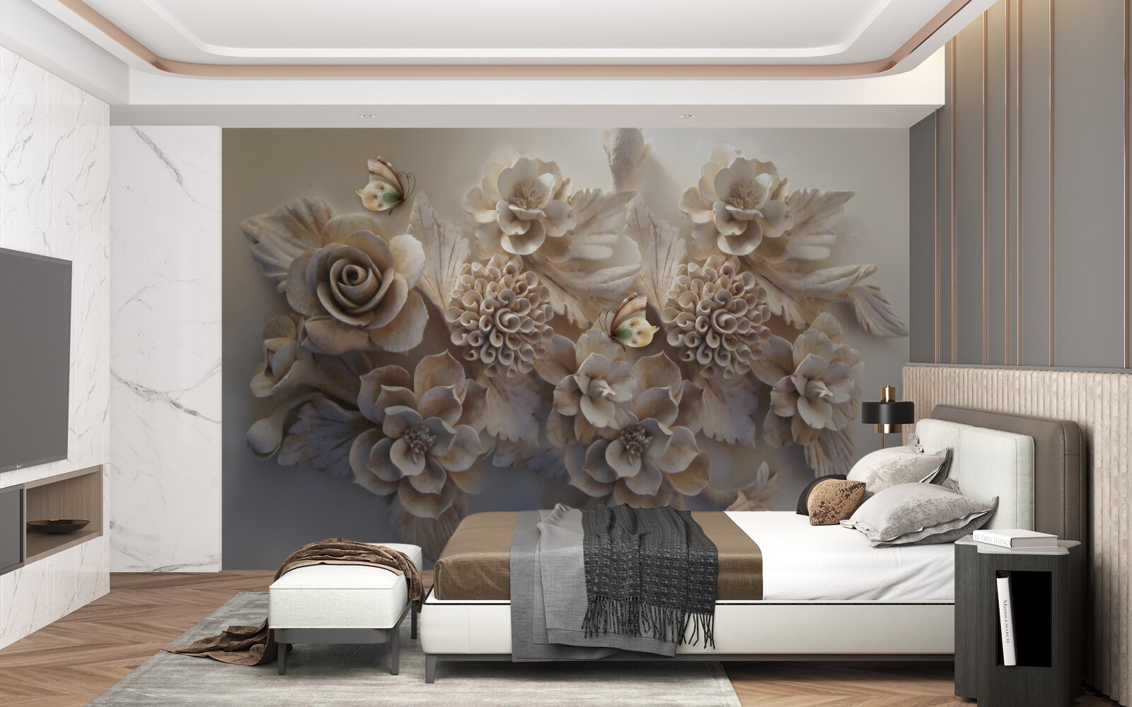 Fototapeta zestaw z dużych kwiatów w kremowej tonacji