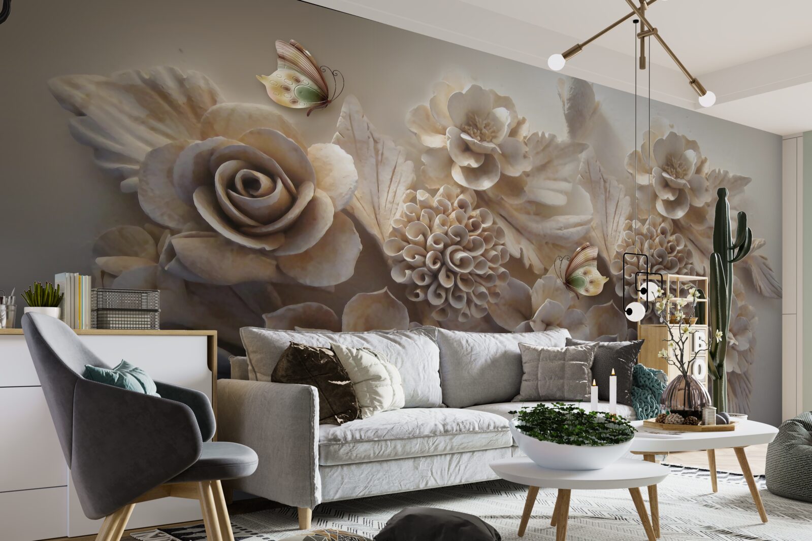 Fototapeta zestaw z dużych kwiatów w kremowej tonacji