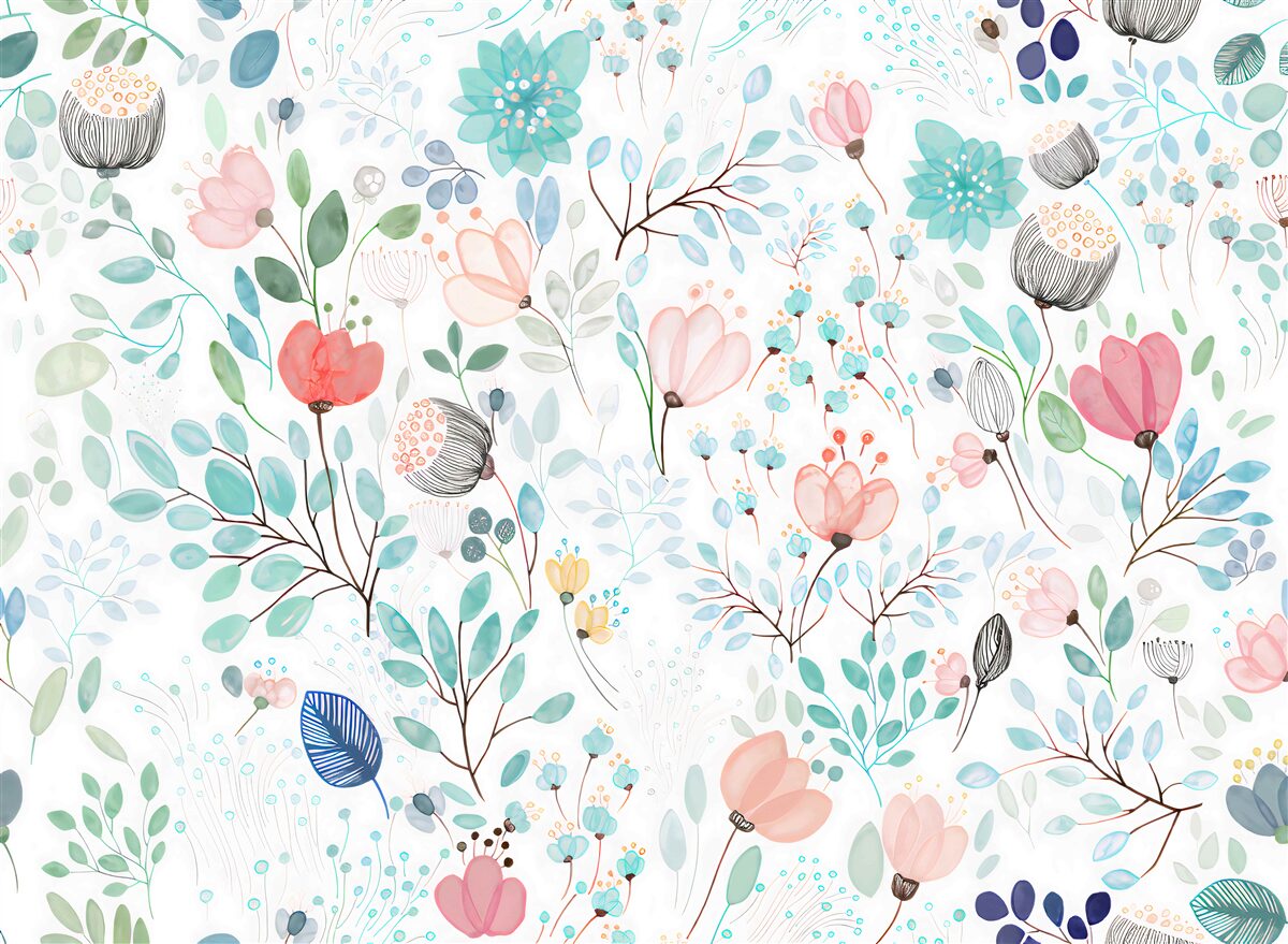 Fototapeta akwarela kwiaty i liście w delikatnych odcieniach