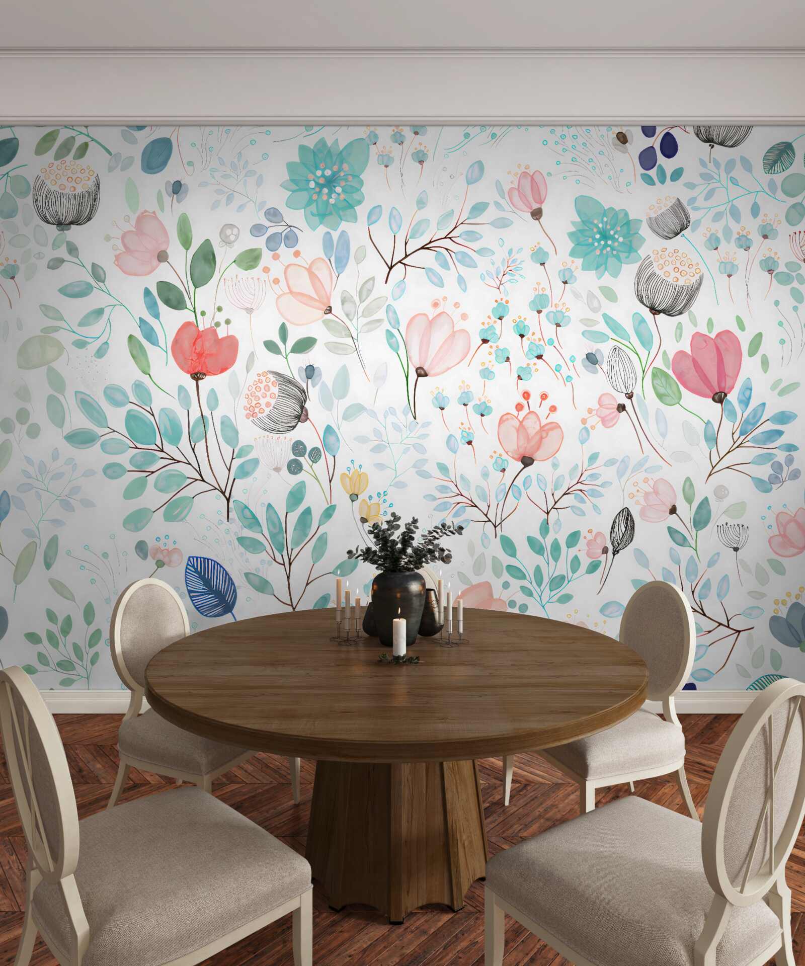 Fototapeta akwarela kwiaty i liście w delikatnych odcieniach