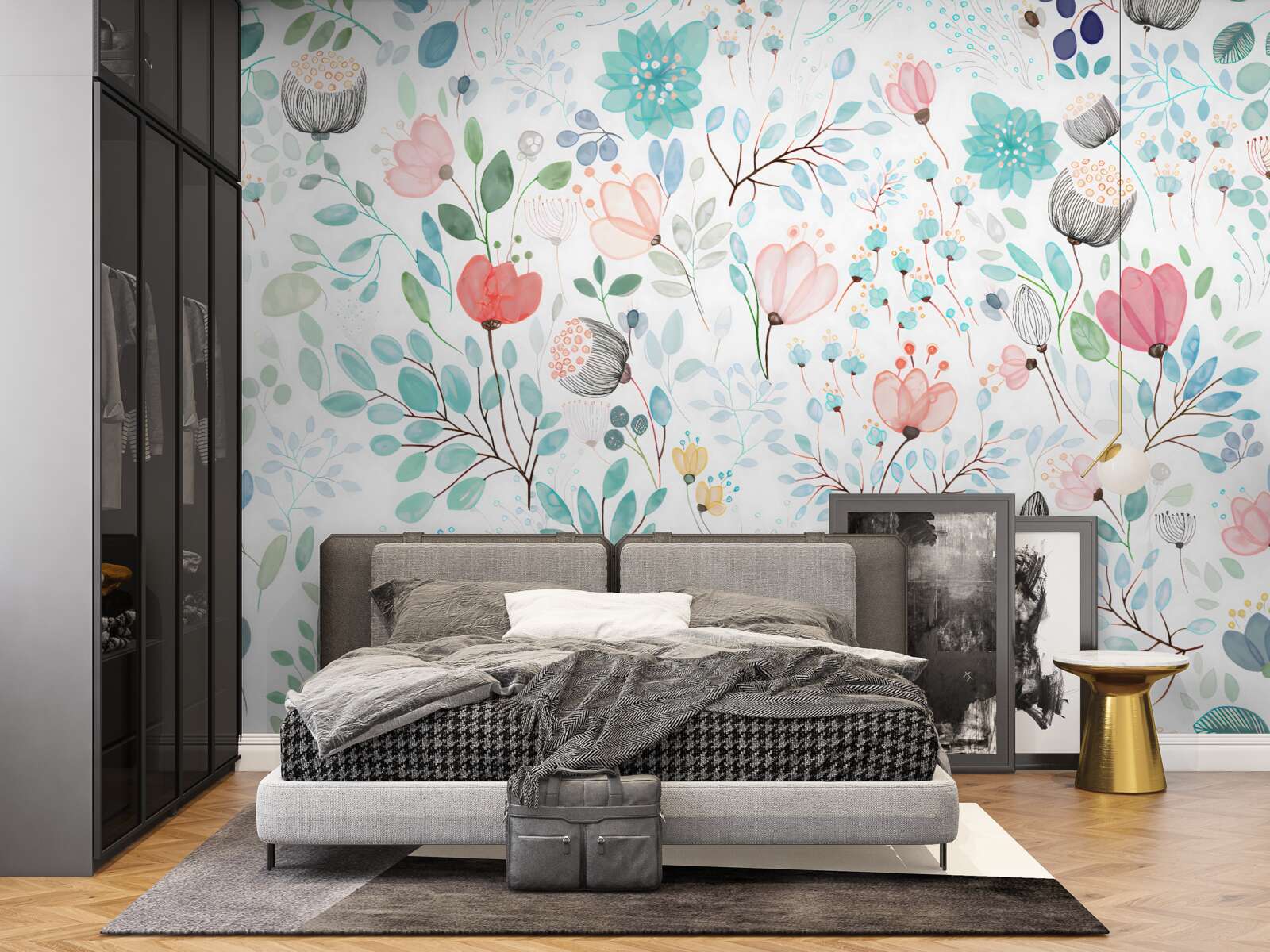 Fototapeta akwarela kwiaty i liście w delikatnych odcieniach