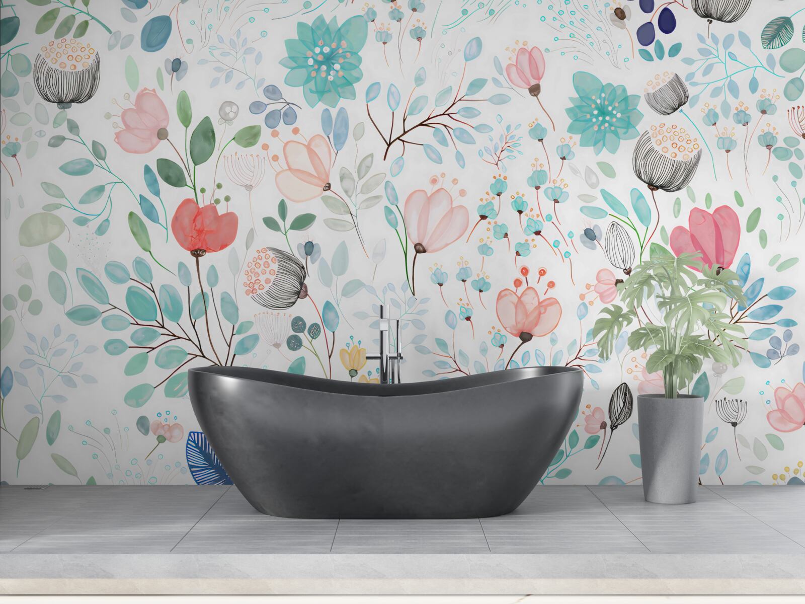 Fototapeta akwarela kwiaty i liście w delikatnych odcieniach