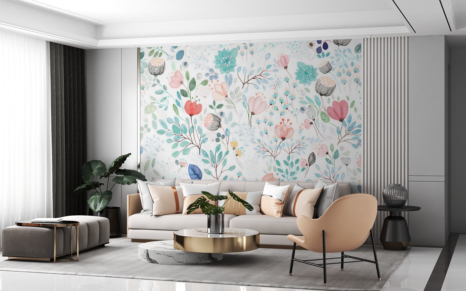 Fototapeta akwarela kwiaty i liście w delikatnych odcieniach