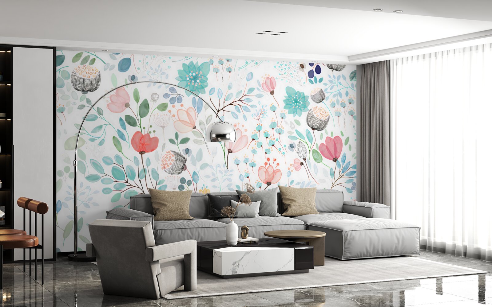 Fototapeta akwarela kwiaty i liście w delikatnych odcieniach