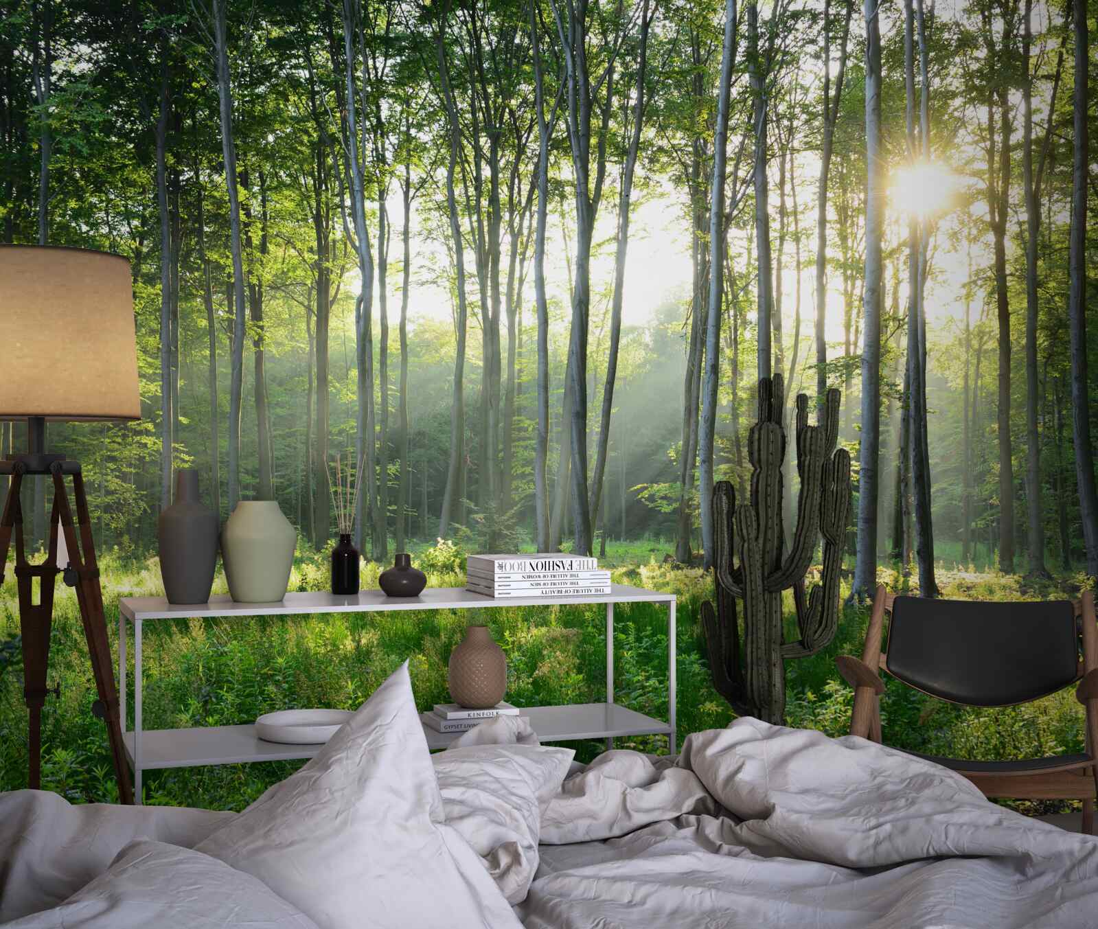 Fototapeta miejsce na łonie natury z widokiem na poranne słońce w lesie