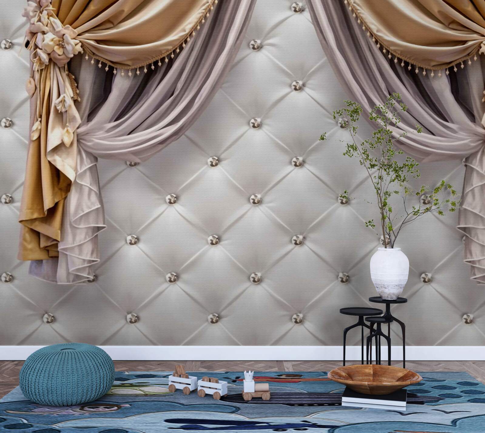 Fototapeta biała pikowana ściana i zasłony