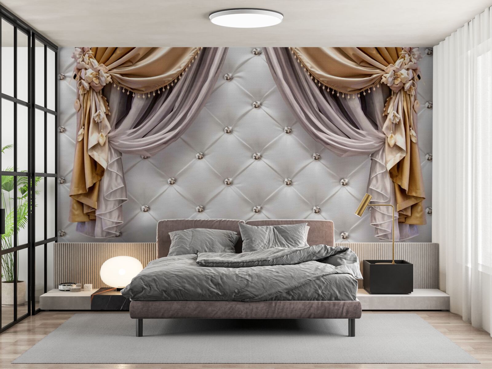 Fototapeta biała pikowana ściana i zasłony