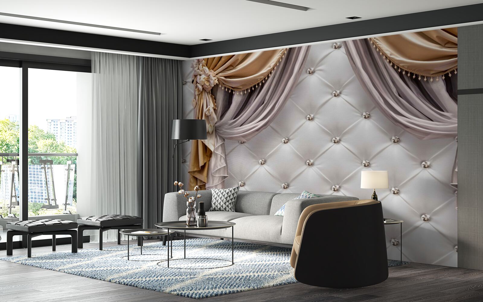 Fototapeta biała pikowana ściana i zasłony