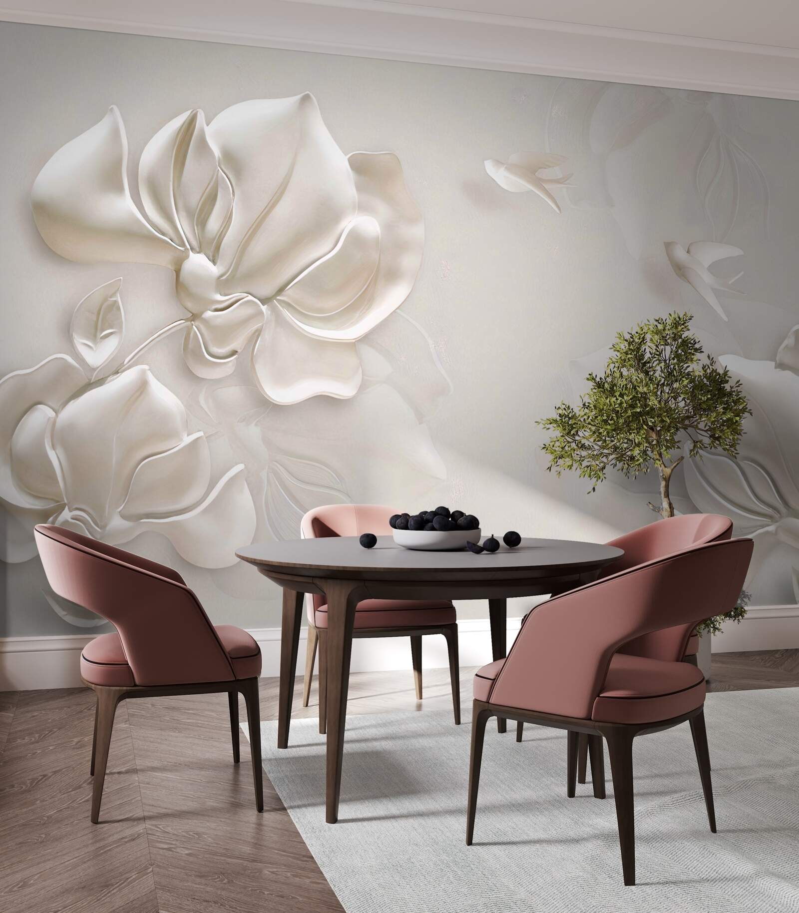 Fototapeta ptaszki i kwiaty wykonane z białego materiału