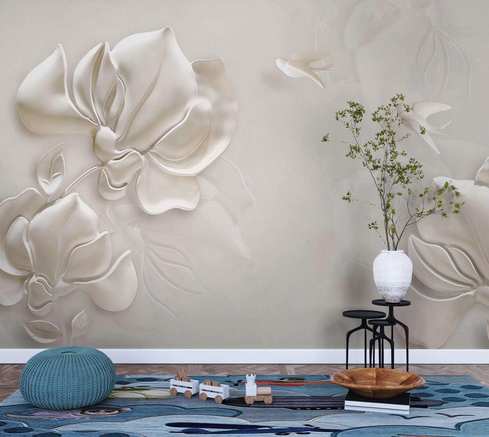 Fototapeta ptaszki i kwiaty wykonane z białego materiału