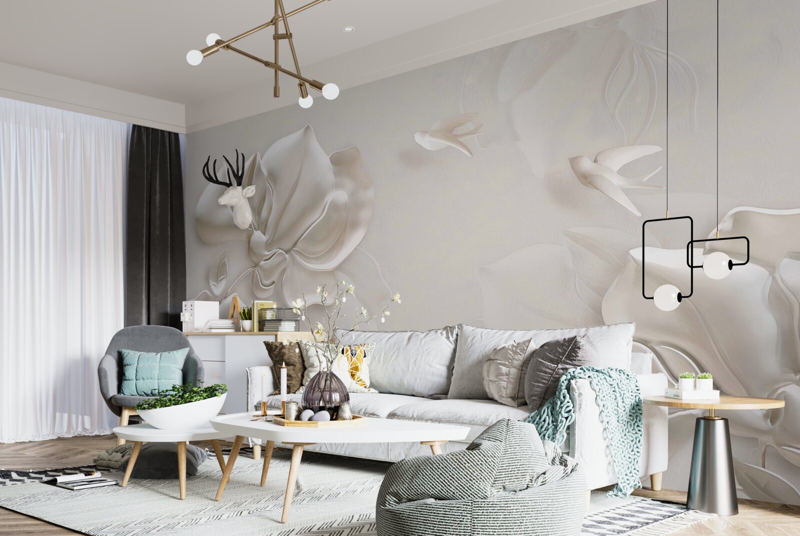 Fototapeta ptaszki i kwiaty wykonane z białego materiału